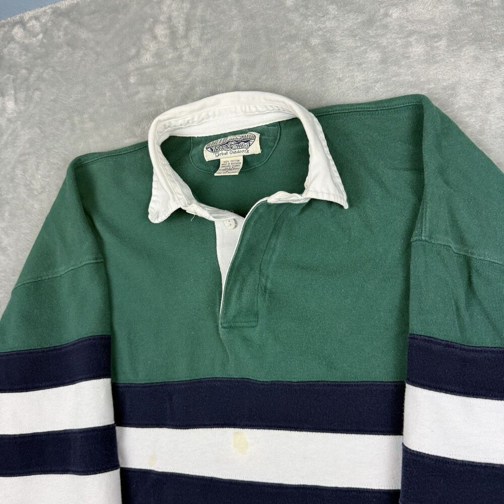 Vintage Bridges Great Outdoors Rugby Shirt Green Navy Striped Cotton Large - Picture 2 of 8
